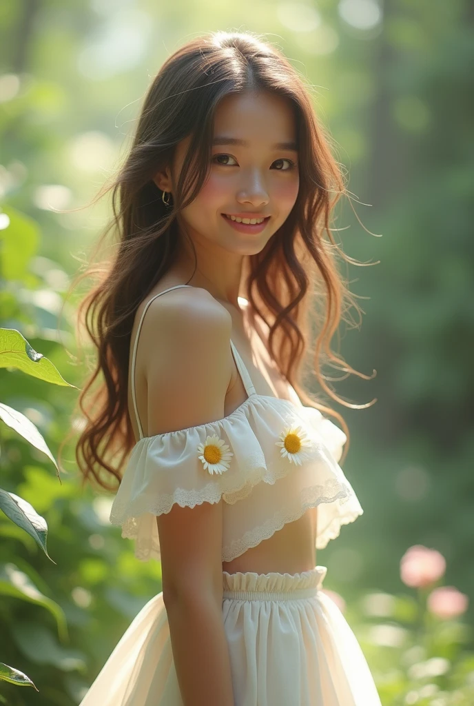 8K、 beautiful girl, length hair、detailed beautiful faces、White See-Through Camisole Dress, flower  field、Very strong wind