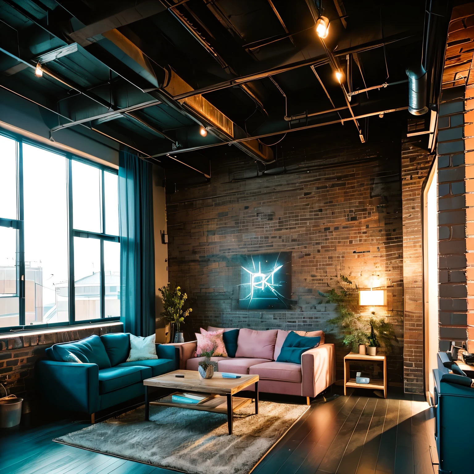 A cozy loft with large industrial windows, the night sky outside glowing with neon lights from the surrounding city. Soft indoor lighting bathes the modern furniture in warmth, while hints of blue and pink neon cast subtle shadows on the brick walls. The space feels serene and inviting. Created using: architectural photography, soft ambient lighting, neon light accents, minimalist furniture, industrial design, hd quality, warm tones, exposed beams