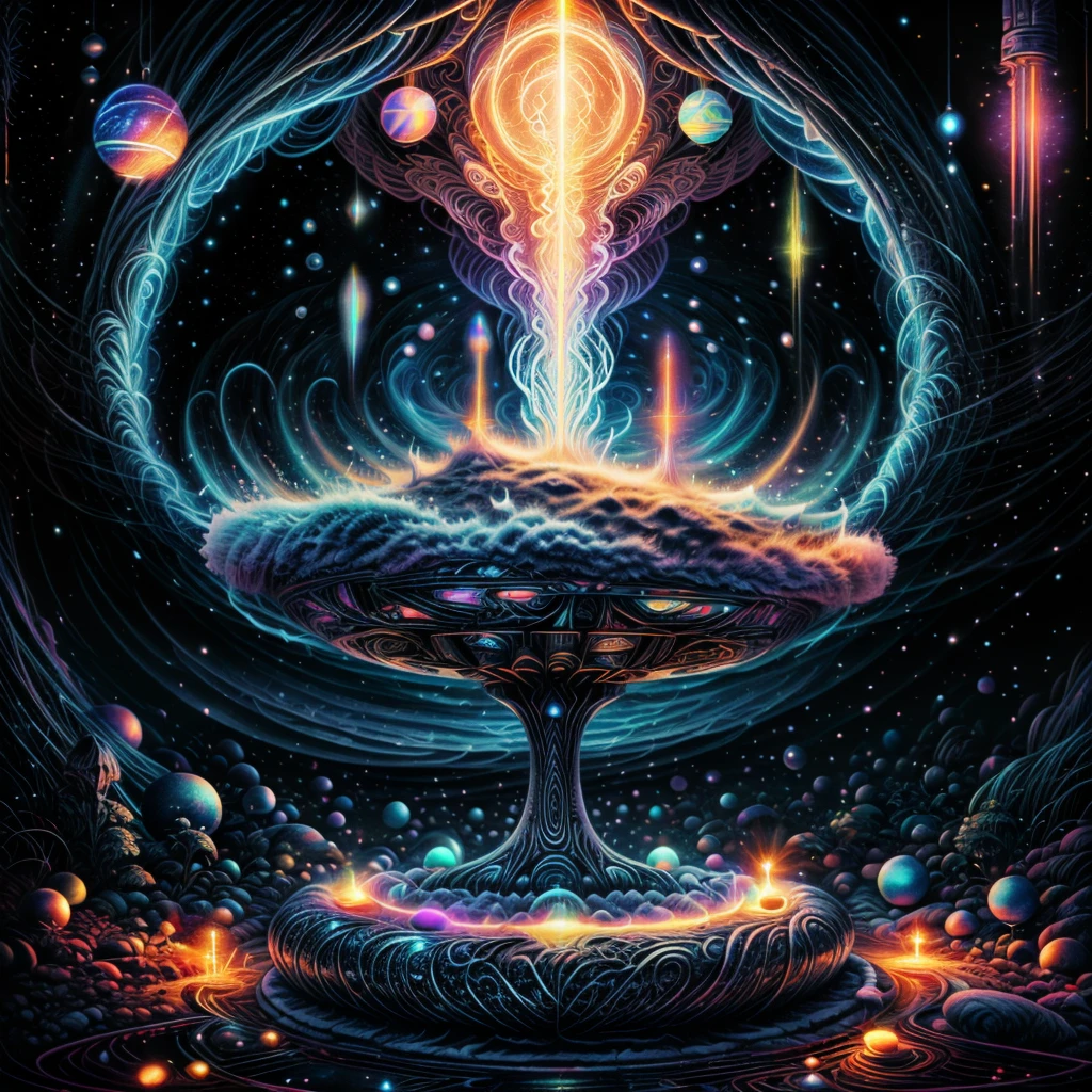 Freyja, the Norse goddess, standing at the center of an intricate symmetrical cosmic scene. Surrounding her is a tunnel-like vortex composed of concentric circles and glowing rings in vibrant neon colors like pink, blue, and gold. Each ring is adorned with circuit-like patterns and small, floating spheres emitting light. Radiant golden orbs and tiny stars float against a deep, starry background of black and dark blue, creating a sense of depth and mystique. Waves of translucent, colorful energy flow towards the vortex, with light reflections highlighting metallic touches, adding dimension. The overall style is futuristic and surreal, blending elements of sci-fi and fantasy.