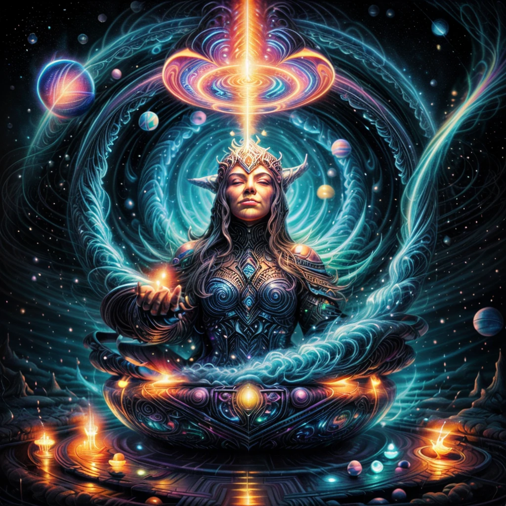 Freyja, the Norse goddess, standing at the center of an intricate symmetrical cosmic scene. Surrounding her is a tunnel-like vortex composed of concentric circles and glowing rings in vibrant neon colors like pink, blue, and gold. Each ring is adorned with circuit-like patterns and small, floating spheres emitting light. Radiant golden orbs and tiny stars float against a deep, starry background of black and dark blue, creating a sense of depth and mystique. Waves of translucent, colorful energy flow towards the vortex, with light reflections highlighting metallic touches, adding dimension. The overall style is futuristic and surreal, blending elements of sci-fi and fantasy.