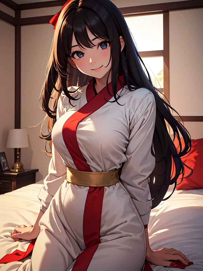 (​masterpiece、top-quality、hight resolution、Unity 8k、extremely details CG:1,Best Picture), red ribbon, hotel room, on the bed, "A playful woman with a teasing smirk, her eyes full of mischief, as she mocks someone for using her as 'Masturbation material.' Her body language is confident, with a slightly raised eyebrow.", "A seductive woman posing provocatively, fully aware that this photoshoot will be used as 'Masturbation material.' Her expression is one of playful acceptance, with a hint of a knowing smile." 