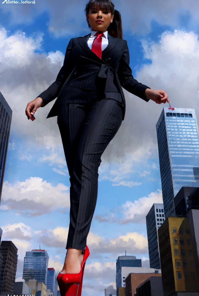 Giantess art, giga giantess in distance walking on through city, multiple women with beautiful curves, massive thighs, blonde hair, lipstick, wearing a perfect form-fitting loght grey pinstripe trouser suit and blazer, crisp white shirt, and a large blade width Windsor knot red tie, with massive breasts. She is wearing platform high heels and standing on a miniature city, with skyscrapers at her feet, smiling with her huge breasts. This image is highly detailed, photorealistic, best quality, a masterpiece, with cinematic lighting, ultra-detailed, featuring black patent Louboutin pumps, long ponytail hair with front bangs, high altitude photography, satellite view, a curvy figure, heaving bosom, legs, a mega city, urban sprawl, small towns, destruction, buildings, roads, a cloudy, overcast, hazy atmosphere, and wispy clouds.