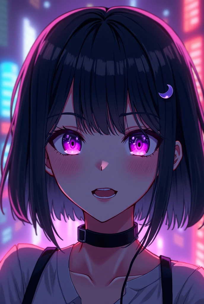 High resolution, Bob Hair, Hime cut, Crescent Earrings, Purple eyes, Colorful eyes, Yandere, Double teeth、Earphones, 