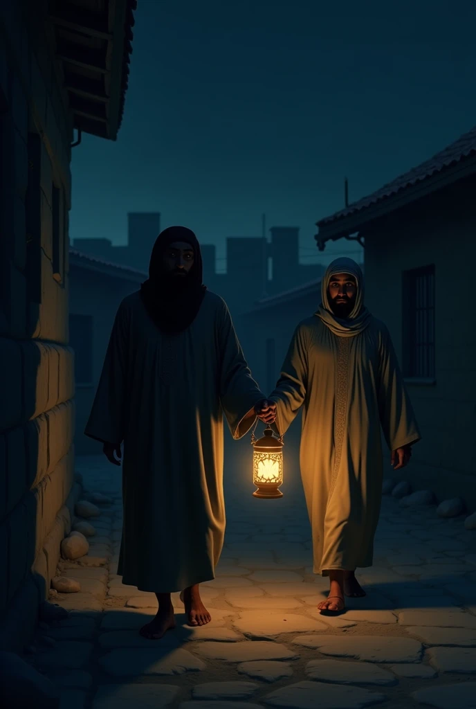 A young Muslim woman walks confidently alone at night down a narrow, quiet street lined with old stone buildings. She is dressed modestly in traditional clothing, with a peaceful expression. The scene is illuminated by a few warm lanterns, creating a calm, serene atmosphere. In the distance, Hazrat Umar is standing, observing her thoughtfully, wearing traditional robes. The night is clear, with a few stars visible in the sky, enhancing the feeling of safety and freedom.