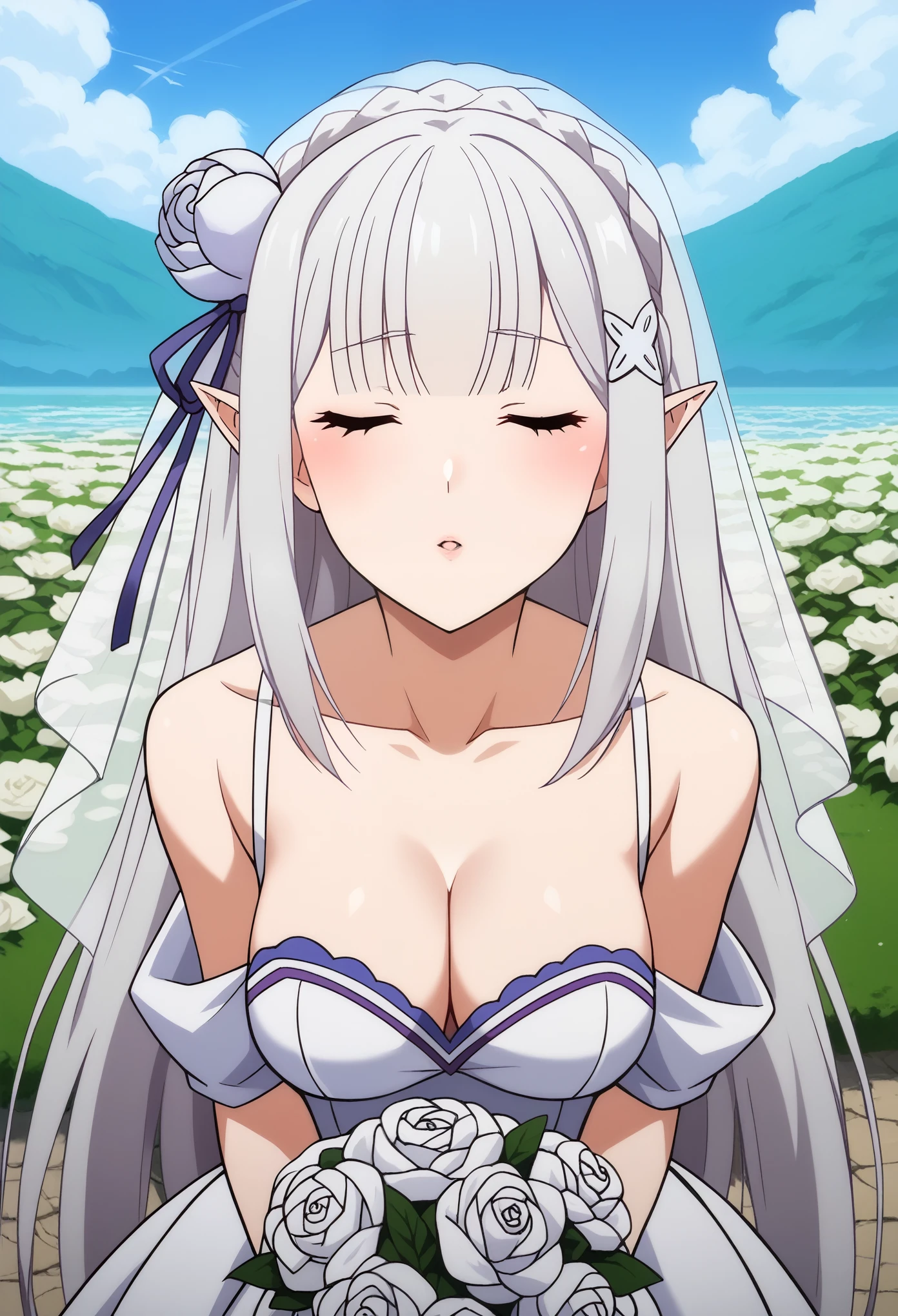 score_9, score_8_up, score_7_up, score_6_up,4k, source_anime, solo, 1girl,emilia, braid, crown braid, flower, hair flower, hair ornament, hair ribbon, long hair, pointy ears, white hair, x hair ornament,, blushing, looking at viewer, wedding dress, wedding veil, off shoulder, cleavage, outdoor, sky, standing, cowboy shot, medium breasts, incoming kiss, closed eyes, bouquet, collarbone, pov, closer, wedding ceremony, leans forward