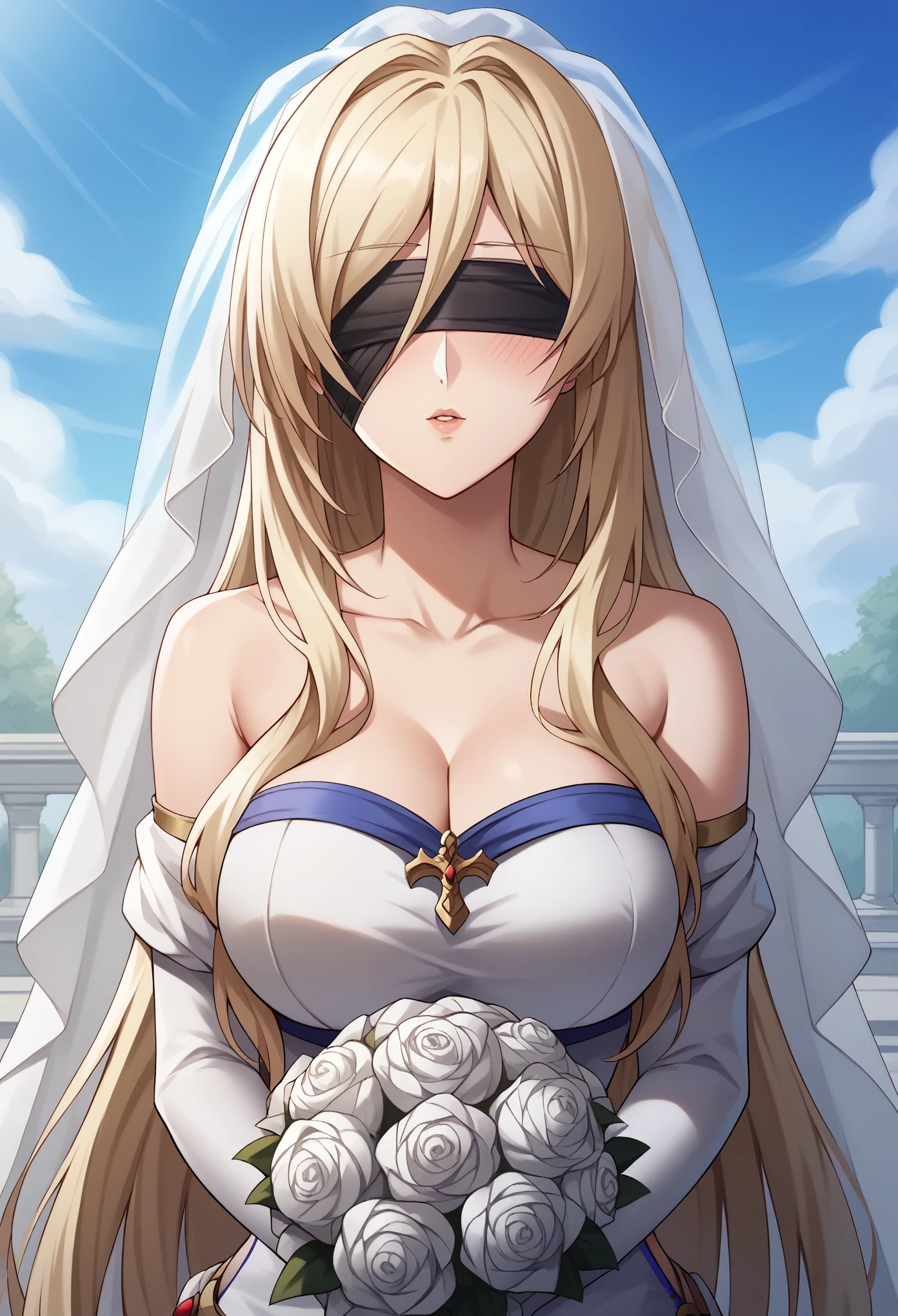 score_9, score_8_up, score_7_up, score_6_up,4k,  source_anime, solo, 1girl,  sword maiden, long hair, bangs, blonde hair, blindfold, covered eyes, black blindfold, blushing, looking at viewer, wedding dress, wedding veil, off shoulder, cleavage, outdoor, sky, standing, cowboy shot, large breasts, incoming kiss, closed eyes, bouquet, collarbone, pov, closer, wedding ceremony, leans forward