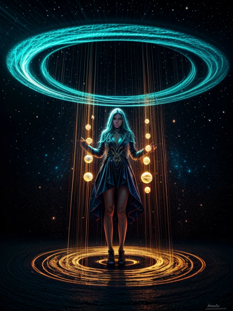 Freyja, the Norse goddess, standing at the center of an intricate symmetrical cosmic scene. Surrounding her is a tunnel-like vortex composed of concentric circles and glowing rings in vibrant neon colors like pink, blue, and gold. Each ring is adorned with circuit-like patterns and small, floating spheres emitting light. Radiant golden orbs and tiny stars float against a deep, starry background of black and dark blue, creating a sense of depth and mystique. Waves of translucent, colorful energy flow towards the vortex, with light reflections highlighting metallic touches, adding dimension. The overall style is futuristic and surreal, blending elements of sci-fi and fantasy.