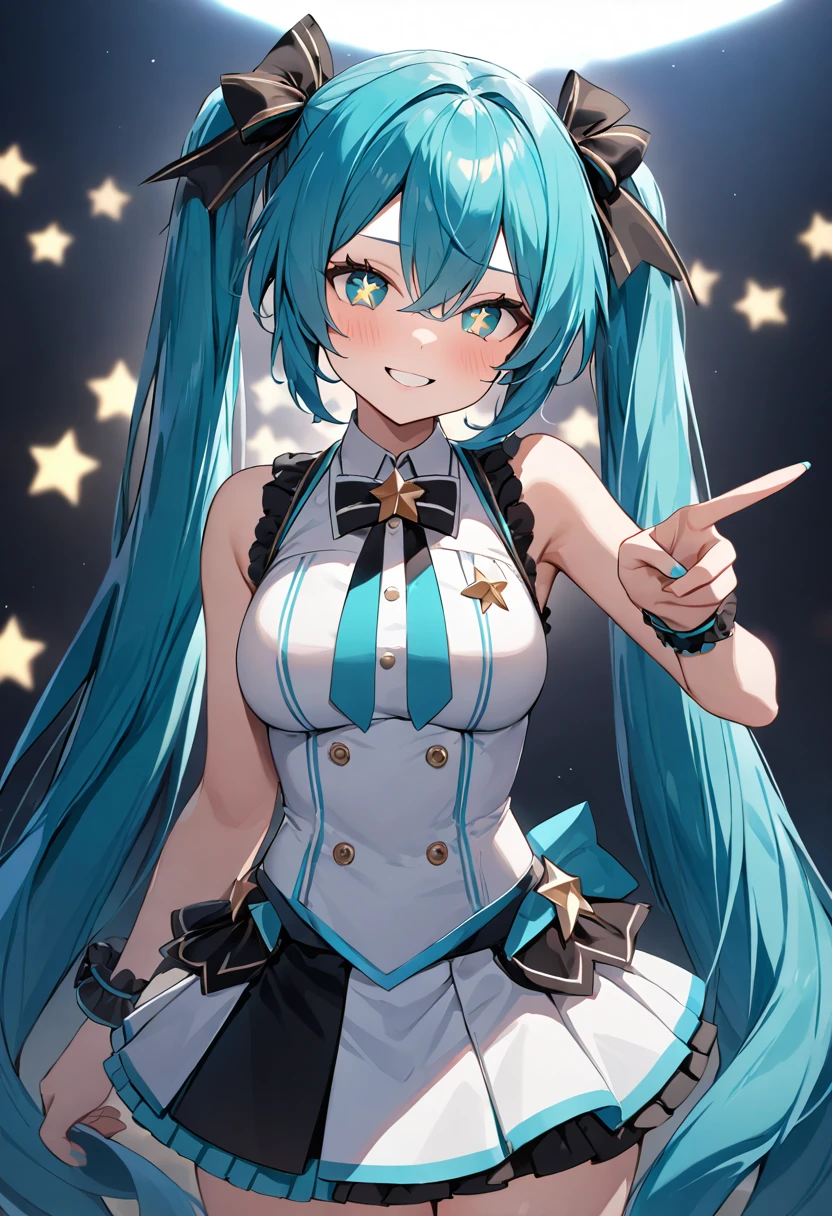 (Masterpiece, highest quality, very aesthetic, 4k, illustration), complex details, one woman, contrapposto, (cowboy shot), face close-up, V-sign, (star-shaped pupils), cute, nice smile, side lock, random color eyes, idol clothes, slim, big tits, Hatsune Miku: 1.3, Blue Hair: 1.2