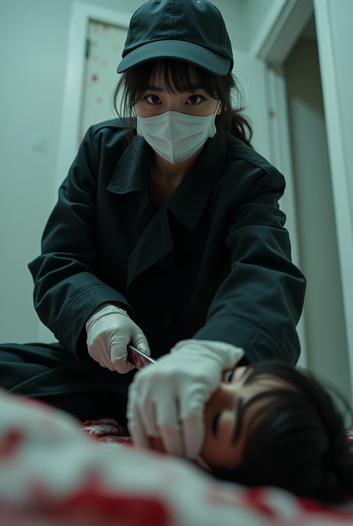 korean girl, (behind naked corpse, surgical mask), holding knife, stabbing, black gloves, room full of blood, black raincoat, plump, hood up, holding knife, black gloves, behind corpse, blood splatter, bondage, long bangs, bed room, black wet suit, night, mass murderer, killer, robbery, dark atmosphere, cinematic lighting, atmospheric realistic, light from the window close-up,