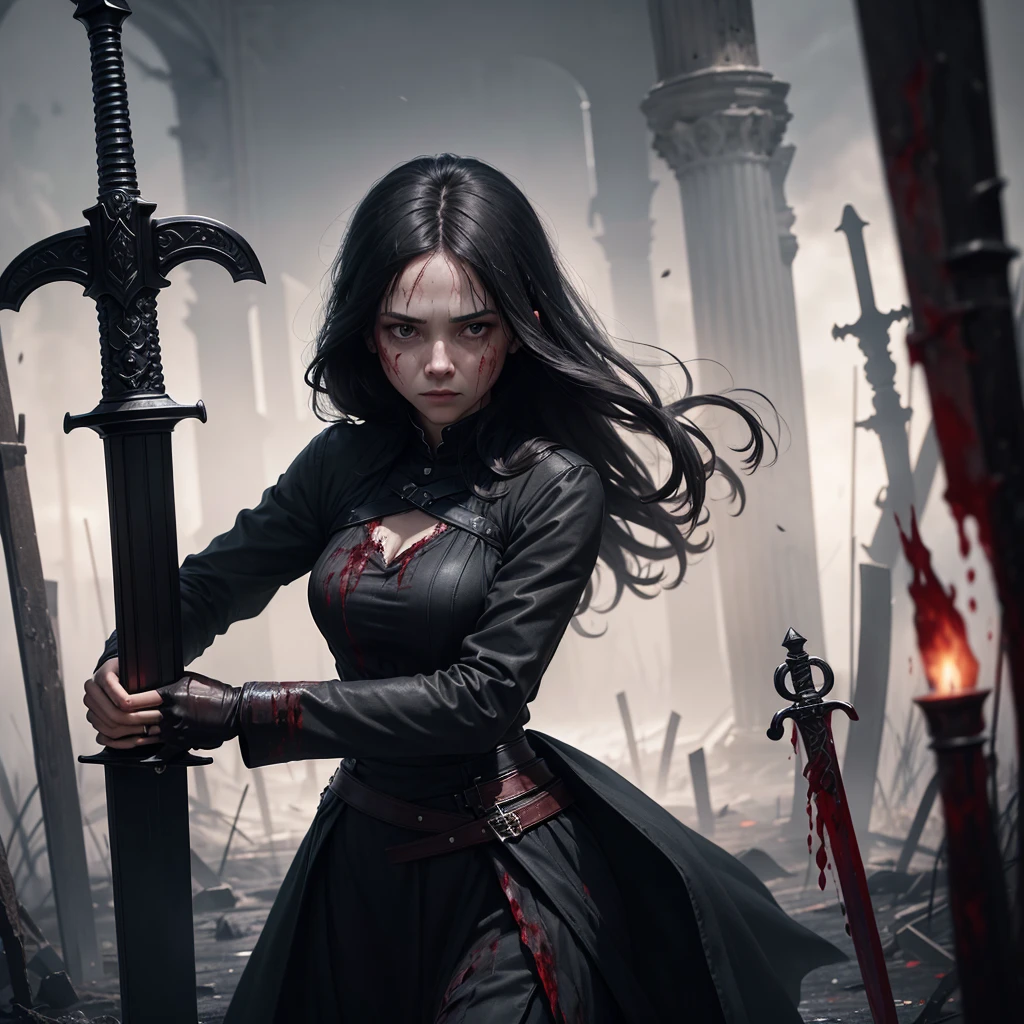 3 ropes, empress, dark hair, Brown eyes, beautiful appearance, crown on head, sword and blood