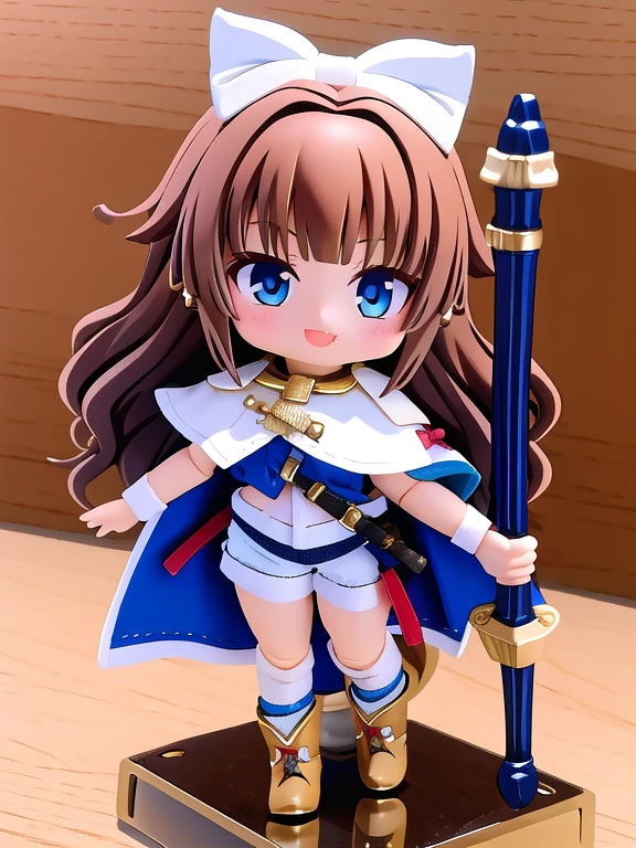 ((best quality)), ((ultra-detailed)), girl holding up a bow, fantasy, 1girl, chibi, smile, fang, wolf girl, brown hair, wavy hair, long hair, bangs, blue eyes, bikini, micro shorts, earrings, white cape, bandage, kneehighs, boots, spear, holding weapon,
