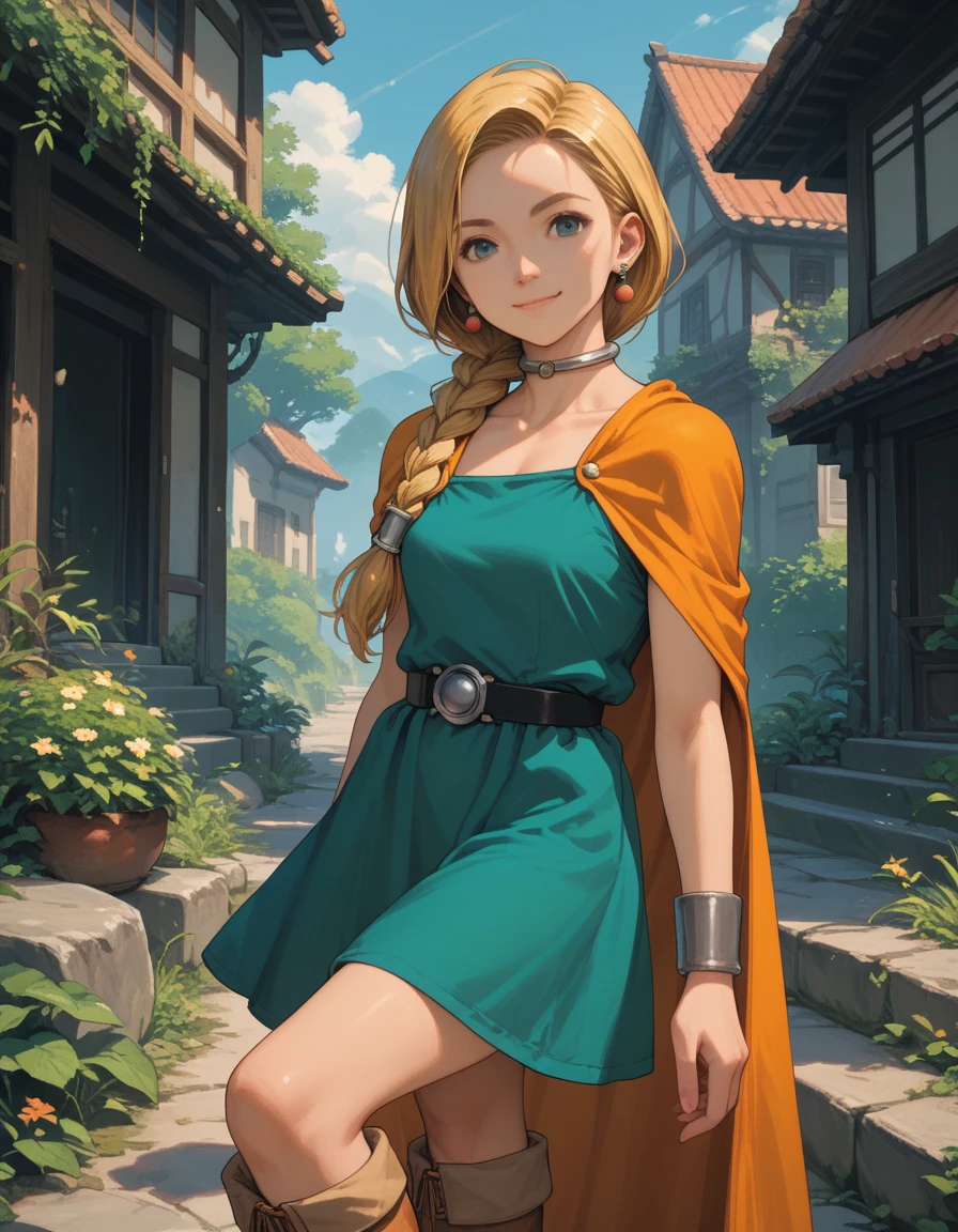 extremely detailed,asian,Bianca,single braid,hair over shoulder,earrings,choker,orange cape,green dress,belt,boots,light smile