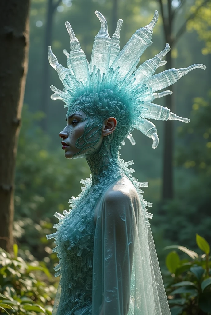A mushroom-inspired humanoid figure with long tendrils of white and yellow fungi as hair, adorned in a flowing gown made from translucent, iridescent fabric, interwoven with more delicate, glowing mushrooms. Their skin appears to be a fusion of earthy tones and subtle polka dots, reminiscent of Yayoi Kusama's iconic patterns. They stand amidst a lush forest, surrounded by towering trees, moss-covered rocks, and a canopy of vines, all glowing softly with bioluminescence, as if under a dreamlike, mystical light.