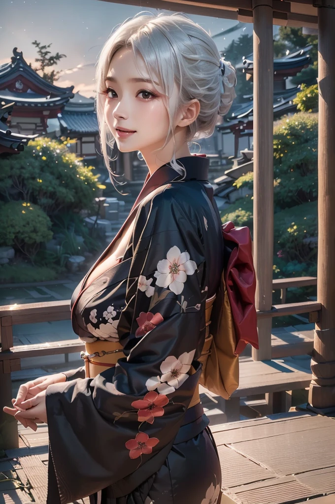 masterpiece, best quality, highly detailed, 1girl, white hair, face: sweet girl, laugh kimono, black kimono, Casual Kimono Style, Sturdy collar、Matte texture clothing. look up at the night sky. Bright and soft impression、It catches your eye.、A tranquil atmosphere、cleavage, outdoors, from side
