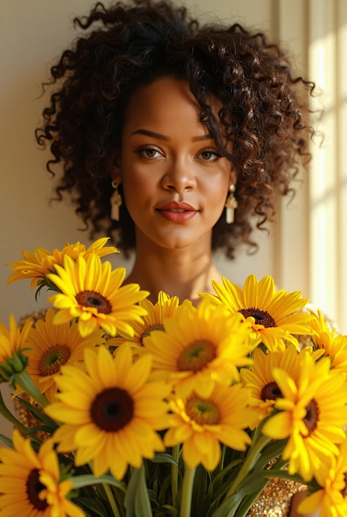 Description: A hyper-melanated Black supermodel. Facial Features: brown eyes, voluminous lashes, copious lips, thin and pointed nose, dimpled chin, high cheekbone. Hairstyle: dry, short, and kinky hair. Accessories: none. Body Features: small breasts, low waist, thin waist, wide hips, thick thighs. Makeup: lashes enhanced by layers of mascara, black eyeliner, light rose lipstick. Costume: rompers pants jeans. Facial Expression: serene and joyful. Action: gently picking flowers in a vibrant, sunlit meadow. She is kneeling among a sea of wildflowers, with bright blossoms of various colors surrounding her. Her expression is serene and joyful, her eyes focused intently on selecting the perfect bloom. She carefully reaches out with one hand to pick a flower, while her other hand holds a small bouquet of freshly gathered blooms. The sunlight filters through the trees, casting a warm, golden glow on her face and highlighting the natural beauty of the scene. Her hair flows freely in the breeze, and she wears a light, flowing dress that complements the peaceful and idyllic setting. In the background, rolling hills and a clear blue sky complete the picturesque landscape.