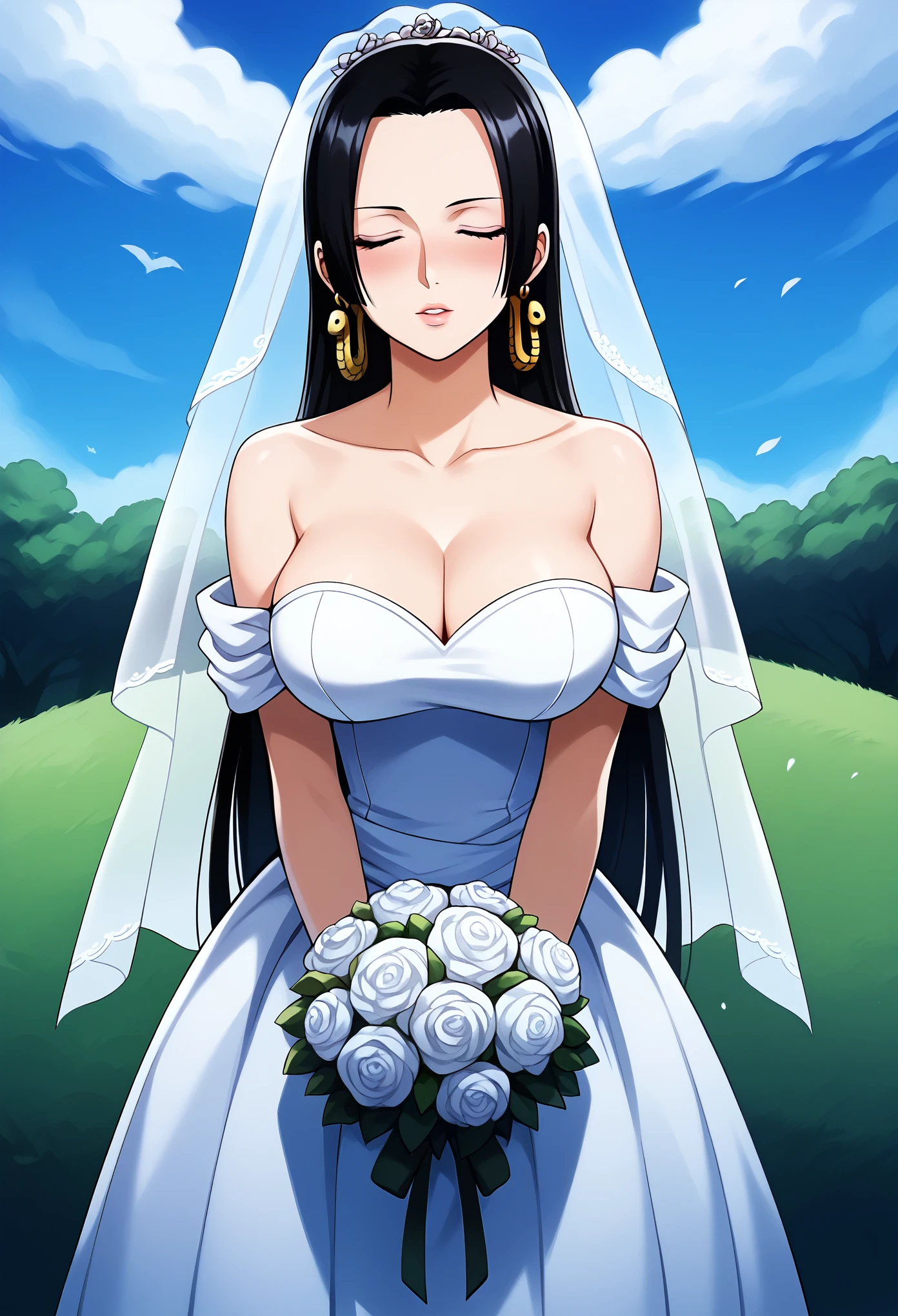 score_9, score_8_up, score_7_up, score_6_up,4k,  source_anime, solo, 1girl,  boa_hancock,long hair, black hair, earrings, blushing, looking at viewer, wedding dress, wedding veil, off shoulder, cleavage, outdoor, sky, standing, cowboy shot, large breasts, incoming kiss, closed eyes, bouquet, collarbone, pov, closer, wedding ceremony, leans forward