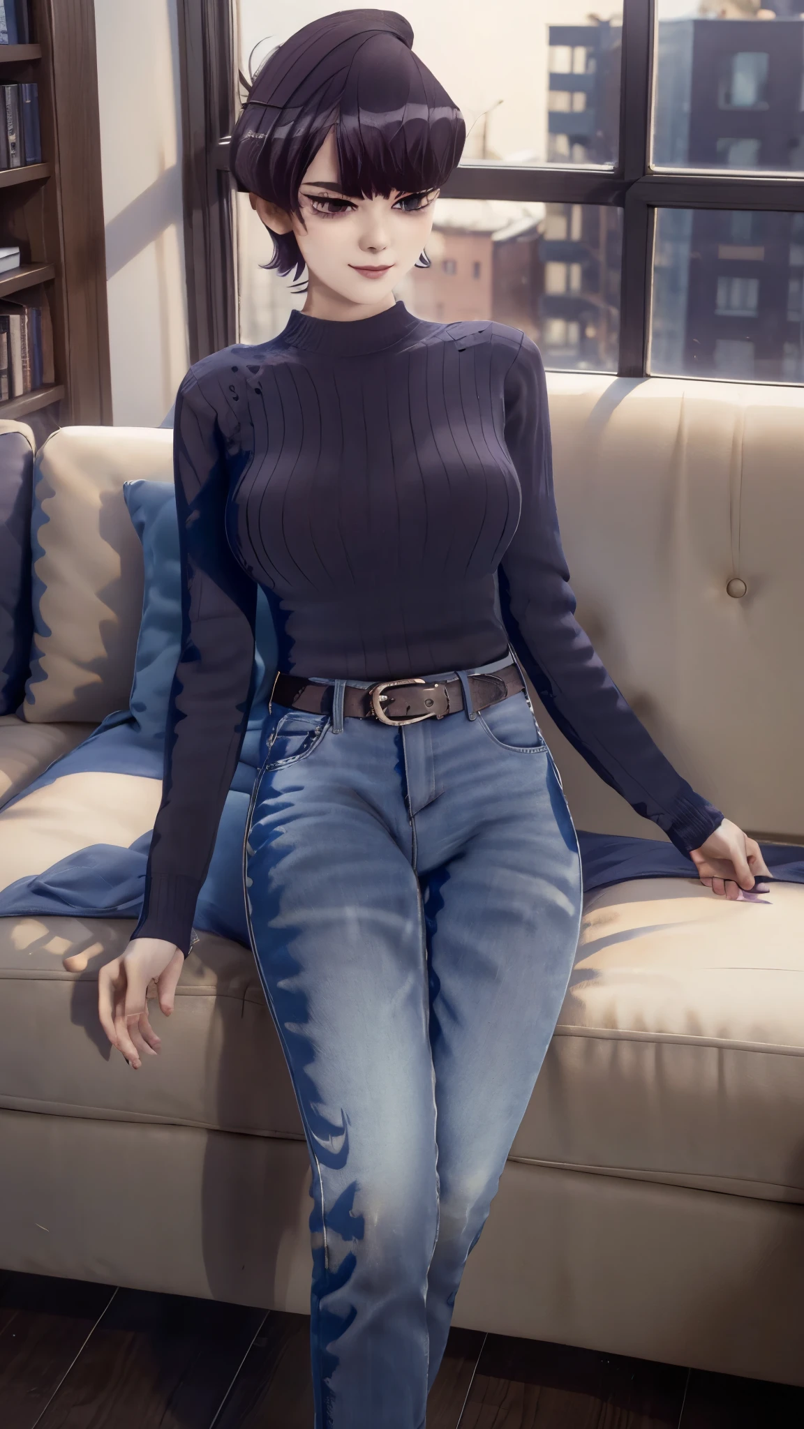 1 girl, alone, , short hair, dark purple hair, with a part on the left side of the head, Dark purple eyes, smiling, seductive, make up, light pink lipstick, black sweater, Long sleeve fitted sweater, cleavage, blue jeans , fitted jeans, black heels, big breasts, medium belt, medium hips, medium thighs, Living room, Sitting on the couch, crossed legs, Evening, open window, Good lighting, Excellent hands, excellent anatomy, many children, naked, explicit, sex, tits sucking, milk on the face, sucking,