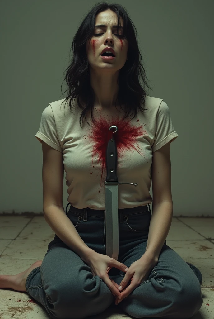 I stick a knife in a woman's navel,(first person) (on voit ma main enfoncer le couteau ,)(Only the handle of the knife remains, sticking out from the navel, the rest is deeply embedded) it was the navel my target.