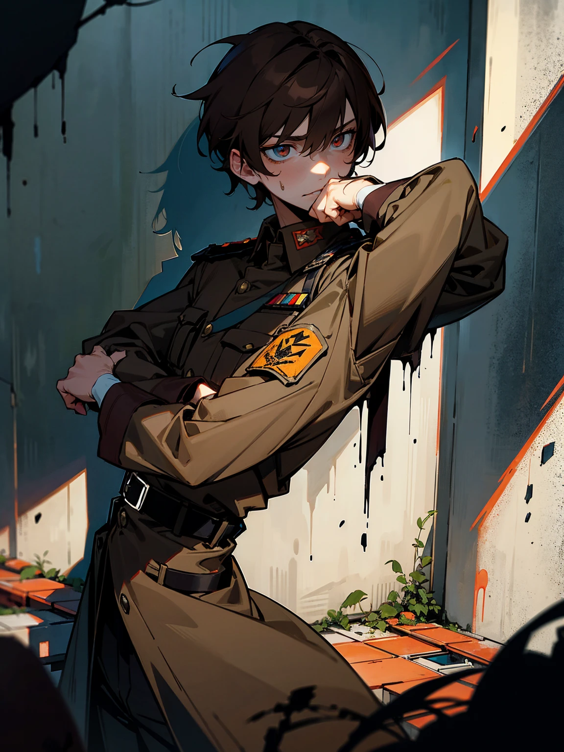 1devuka, 独奏, sports body, in military uniform, field, tattoo, body piercings, red-eyes, holds a jar, looks at the viewer, Short Hair Hair, Heterochromia, dark colored hair, Sitting on the ground, Tired look, pokes out his hands, spreading legs.