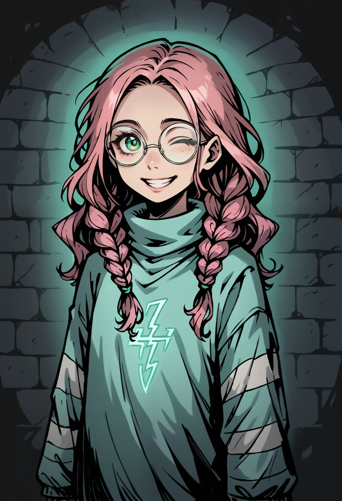 Medium close-up of pale, slender girl, long wavy hair, pink korean hair with braids. 20 years old. Oversized round glasses. Detailed green eyes and thick eyebrow. Smiling face expresion, one eye closed, looking directly at the viewer, with a finely detailed, ultra-clear face. Oversized striped long sleeve, woolen light green-white long sleeve. The design is highly detailed, with thick outlines and dramatic lighting, inspired by Chris Bourassa. Mint neon disk behind. The background features a weathered brick wall with mint neon light, creating dark, atmospheric scene. Highly detailed, inspired by Chris Bourassa's. Dramatic lightning, mint neon lamps. Dramatic lightning, thick outlines.