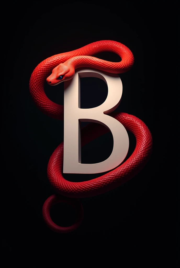 Make a red snake wrapped around a white letter B, in an interesting source, black background, İcon