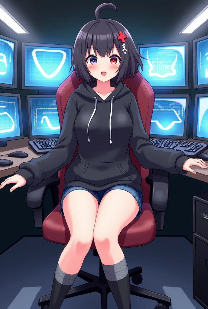 adult women in cybercafe, half naked, wearing prostitute clothes, smiling, naked small tits