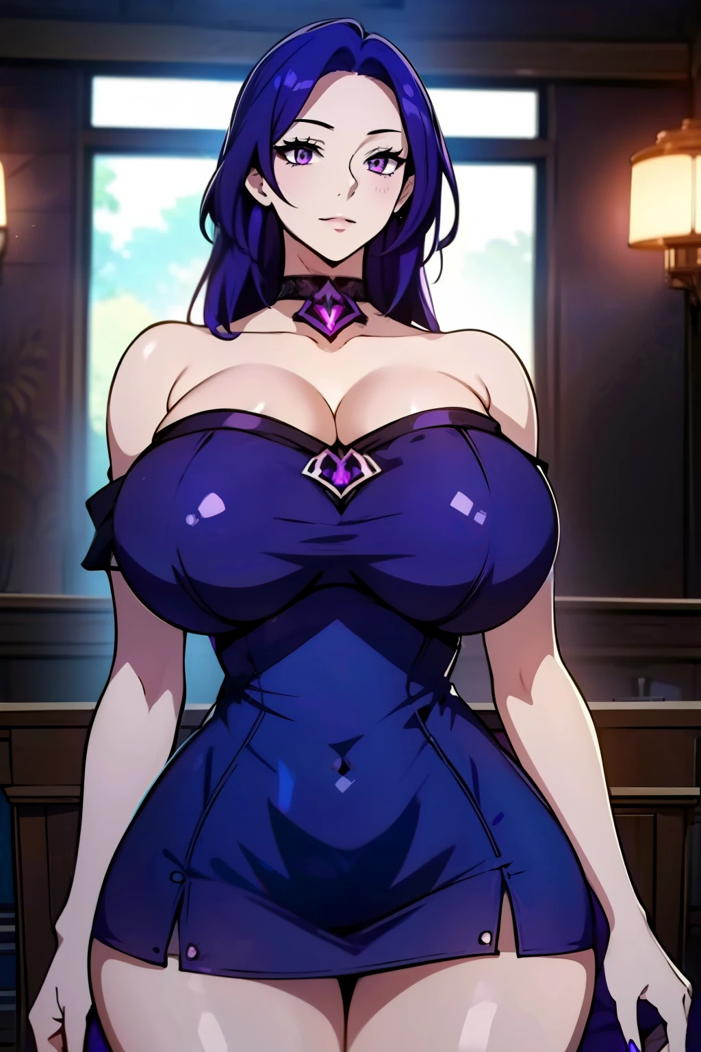 An anime-style artwork depicting acheron from the game Honkai star rail.

Tags: acheronhsr, anime, detailed eyes, detailed lips, , cleavage, (minidress:1.4), (bare shoulders:1.4), (strapless:1.4), , bare shoulders,,curvy, thighs, higheels, shiny clothes, skin tight, cleavage, smiling expression, intense gaze, glowing emblem on hand, dynamic pose, complex detailed background, indoor, palace, vibrant colors, digital art, high-resolution, professional quality, gigantic breasts, (underboob : 1.4), curvy, cowboy shot, (gigantic breasts: 1.4), (purple eyes: 1.4), (blue hair: 1.6), short hair