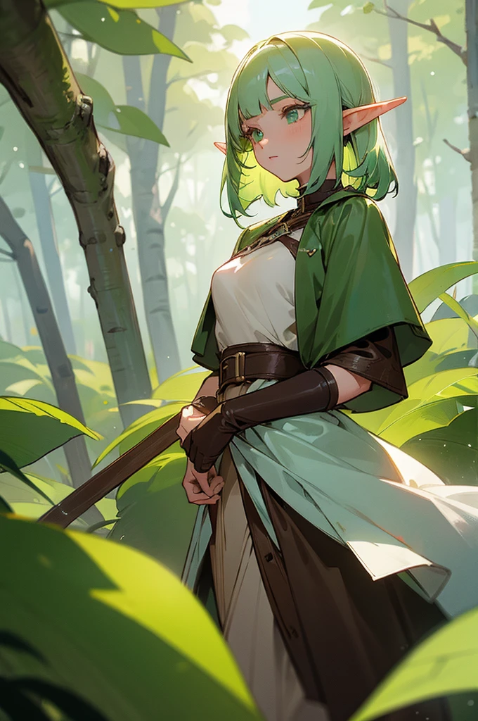 An elf girl holds a machete in a forested city,
