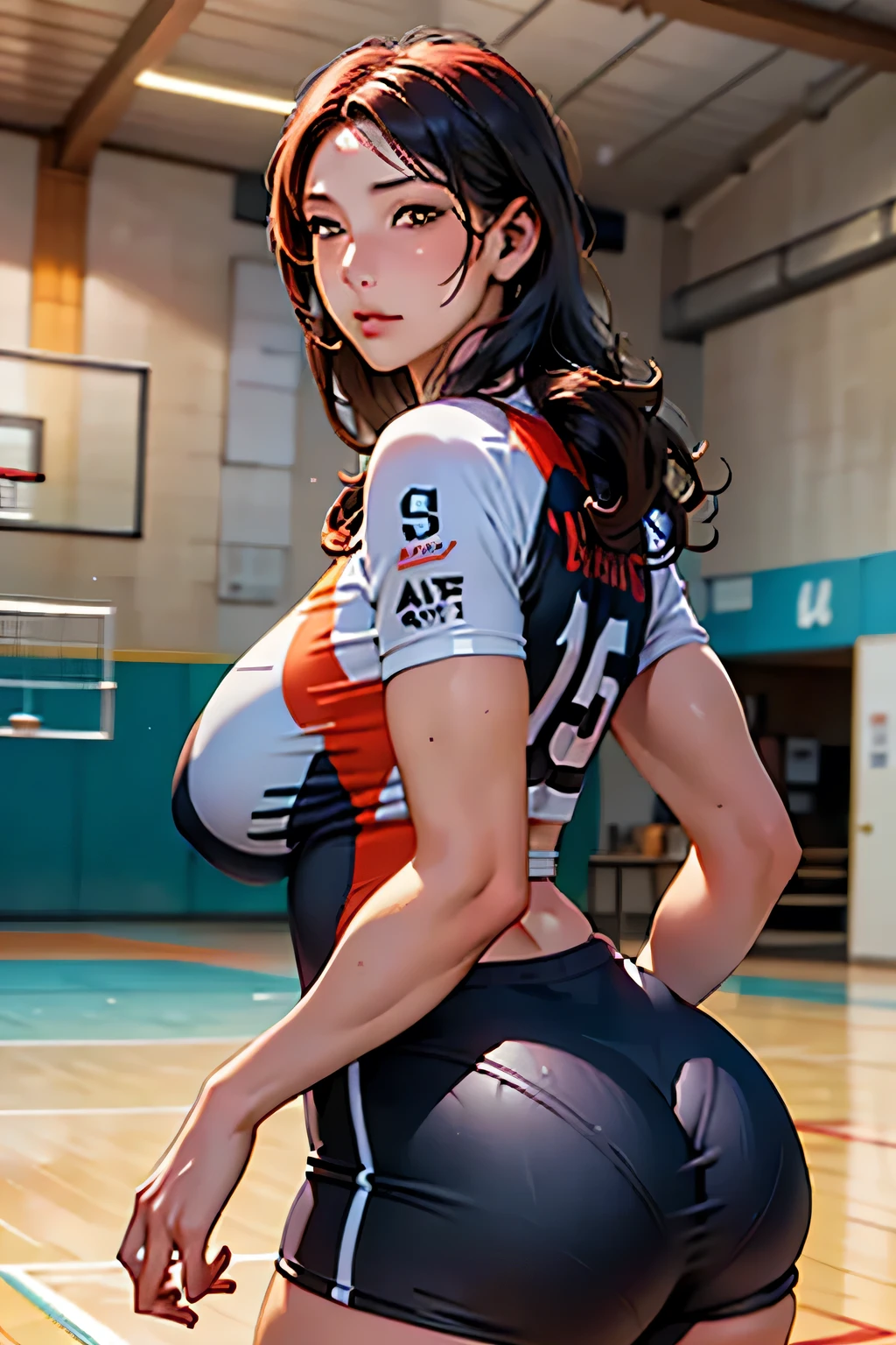 Body position: Standing, straight, symmetrical, barefoot,
Lustful smile on face with red blush,
(A girl playing football, blue football uniform), (sweating:1.2), (wet), sexy, blushing,
masterpiece:1.2, best quality), realistic, (real picture, intricate details, depth of field), (1girl, solo), make up, parted lips, highly-detailed, perfect face,
(huge breasts:1.4), (skindentation), thick thighs, wide hips, small waist, tall, glossy coral lips,
red hairs, red eyes, long messy hair,