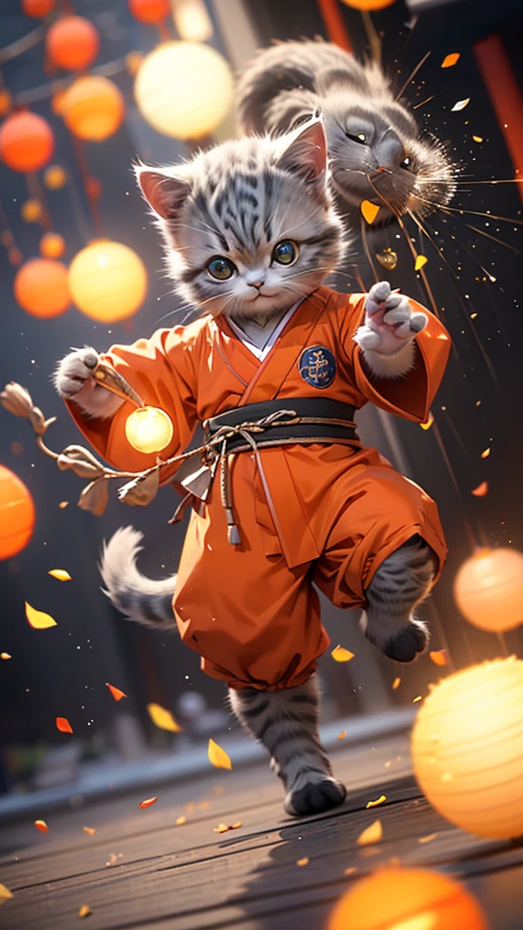 ((gray kitten)), with big blue eyes, ((only gray fur)), Dragon Ball, is on planet Namek, Capsule corporation, dragon ball series combat attire, ((orange kimono)), Dragon Ball, waving its leg in the air, curved pata, in focus, beautiful, adorable eyes, depth of field, dreamer, trend in artstation, depth of field, bokeh, chromatic aberration effect, beautiful cat