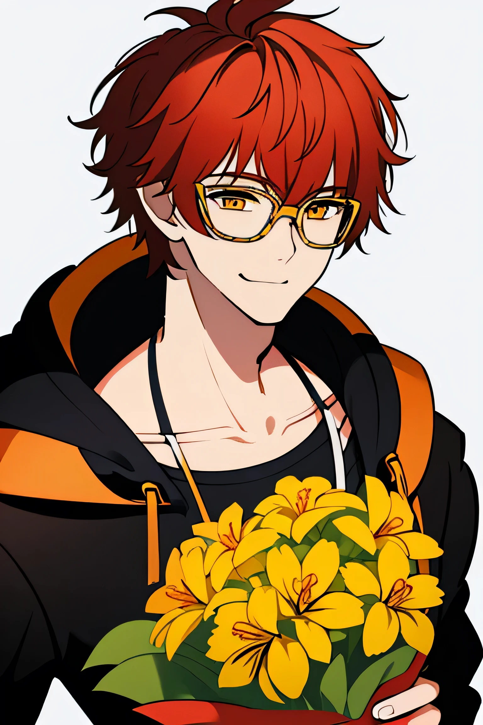 Alone, looking at the viewer, short hair, simple background, shirt, 1 chico, White background, clavicle, jacket, Upper part of the body, male focus, Red hair, Chapped lips, open clothing, Glasses, hood, black jacket, orange eyes, shine, hoodie, headphones, hood down, red shirt, hooded jacket, headphones around neck, holding a yellow flower, yellow tulip, happy,smile