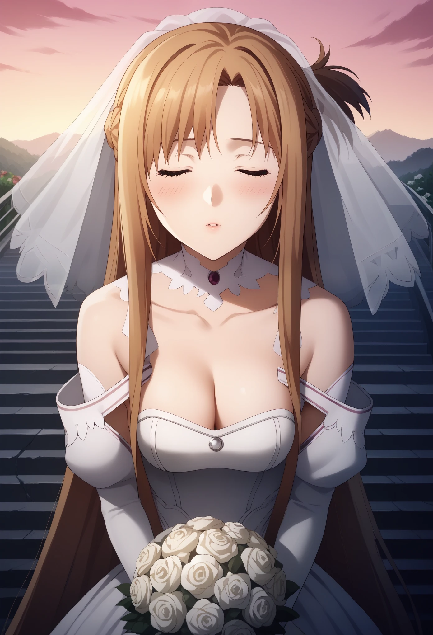 score_9, score_8_up, score_7_up, score_6_up,4k,  source_anime, solo, 1girl, asuna yuuki, long hair, bangs, brown hair, brown eyes, very long hair, braid, blushing, looking at viewer, wedding dress, wedding veil, off shoulder, cleavage, outdoor, sky, standing, cowboy shot, medium breasts, incoming kiss, closed eyes, bouquet, collarbone, pov, closer, wedding ceremony background, leans forward