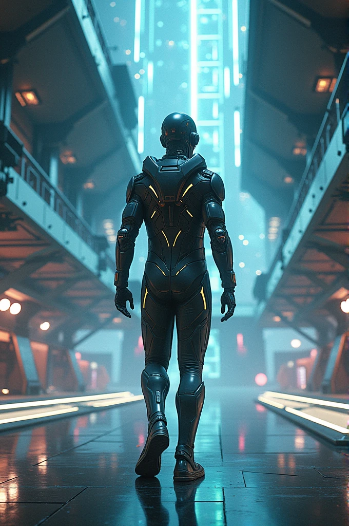 (Very detailed CG unity 8k wallpaper.,Masterpiece),(Best illumination, best shadow, Delicate and extremely beautiful),(1 boy),blue eyes, dark hair,Red and black sci-fi bodysuit,Neck seal,Hi-tech sci-fi hallway, dynamic gesture, Machine details, Sleek design.