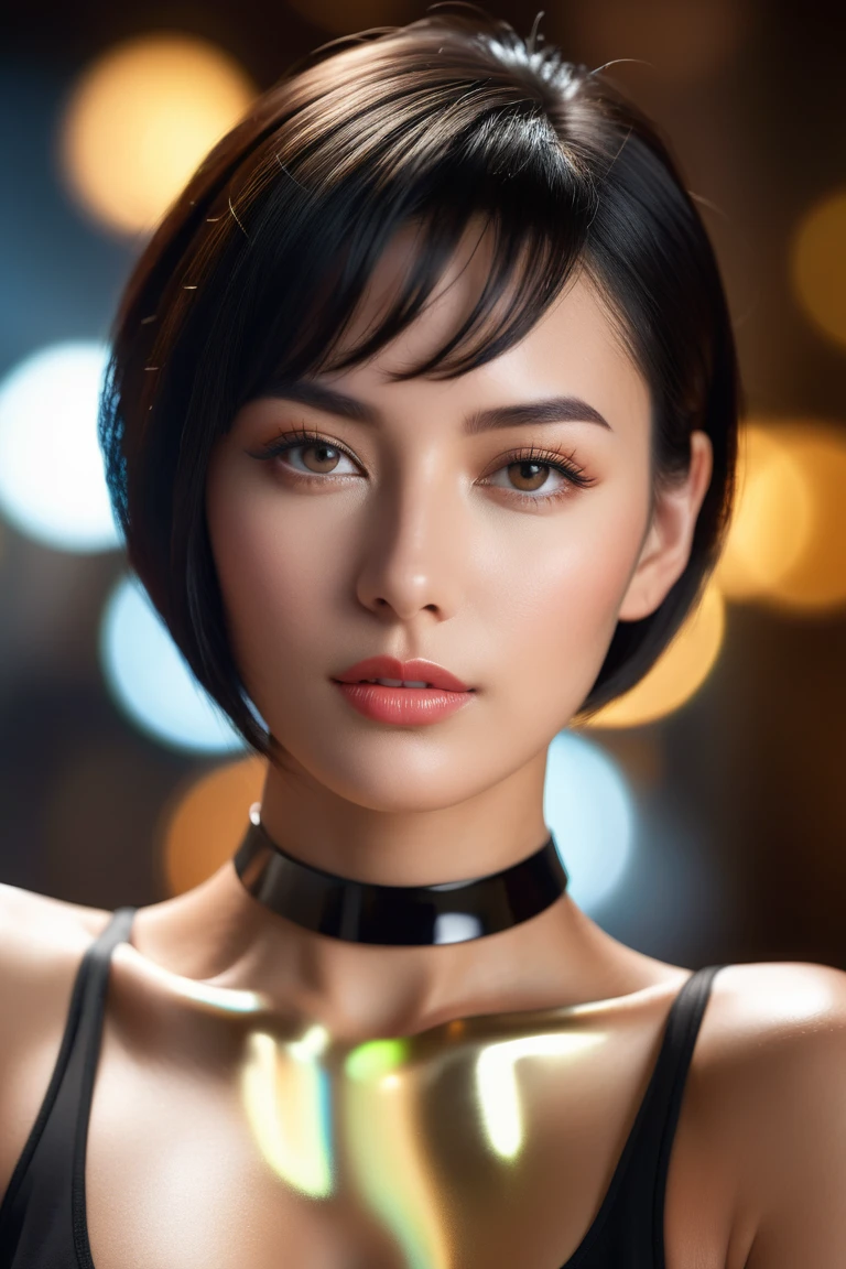 Best quality，tmasterpiece，1girll，red tinted hair，short detailed hair，eBlue eyes，shiny skins，sunflare，an award winning photograph, Wide-angle photo on the catwalk, stage lighting，Healthy body, closeup cleavage, with dynamism, Photorealistic, Realistic, Dramatic, Dark, Sharp focus, 8K，20yr old，fully body photo（（top-quality，8K，tmasterpiece：1.3）），Sharp focus：1.2，Beautiful Women in Perfect Figure：1.4，The abdomen is slender：1.2，（（Layered Hair Style，：1.2）），Large breasts 1.3，Green floral miniskirt，（distance：1.2），Yellow robe，Moist body：1.1，Very delicate face and skin texture，Detailed eyes，二重まぶた， suntanned skin，Raised sexy，marron marron，Real skin，Real eyebrows，Blue eyeballs，perfect proportion of body，facing away from the audience，Twist back，Exercise posture，looking at viewert，Gaze towards the viewer，Catwalk walk