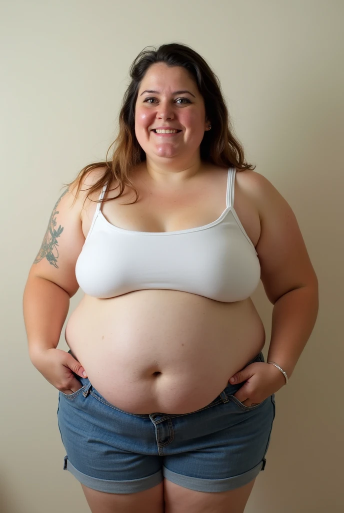 A ((morbidly obese girl)), pale skinned Caucasian (((Ssbbw))), ((500 pound body)), cute round face, massive bare saggy breasts, (large round belly), 