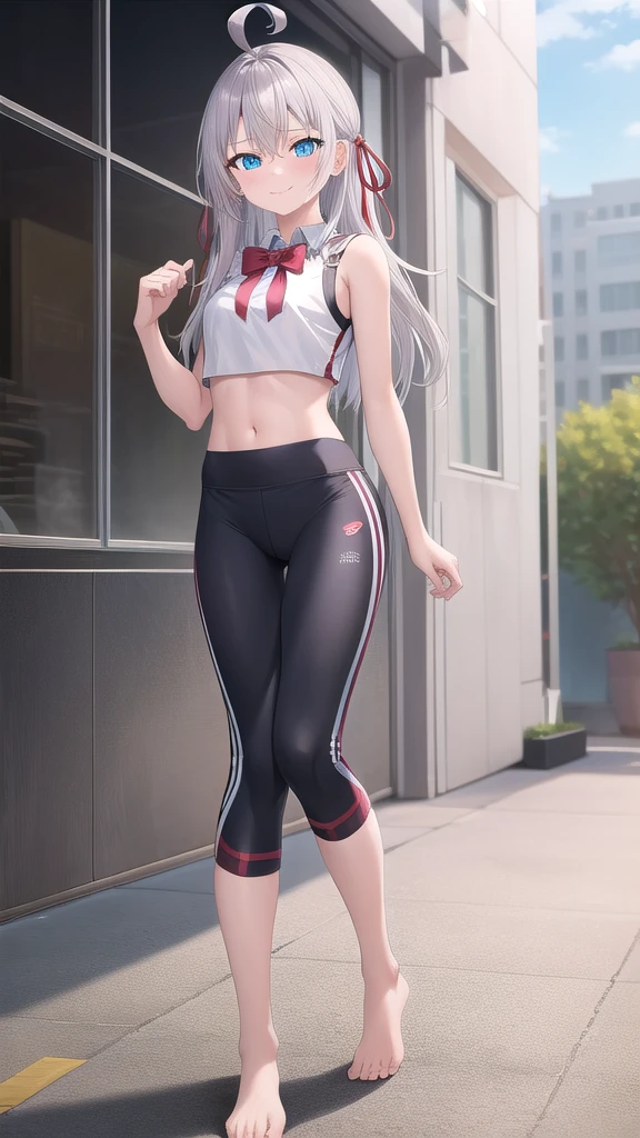 ((masterpiece)),(best quality),official art,extremely delicate and beautiful,extremely detailed CG,unity 8k wallpaper,ultra detailed,beautiful detailed eyes,extremely detailed face,outdoors,1girl,solo,,looking at viewer,facing viewer,smile,(petite:1.2),Alisa Mikhailovna Kujou,ahoge,long hair,grey hair,hair intakes,hair ribbon,red ribbon,sidelocks,hair between eyes,bangs,blue eyes, fitness clothes, white shirt, crop top, gym pants,wing collar,red bowtie,medium breasts,loafers, full body, idle, barefoot, idle