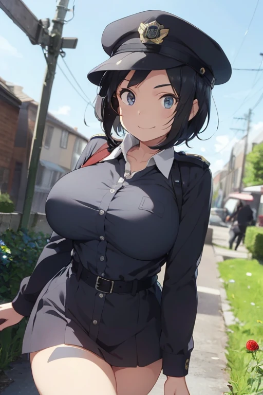 1 female, black hair, short hair, rose flower, police clothes, police short, police hat, black police clothes, black boots, huge breast, thick legs, police office, blue sky, happy face