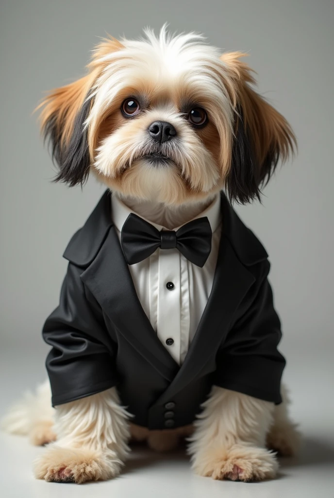 puppy in black tuxedo and black pants on white background