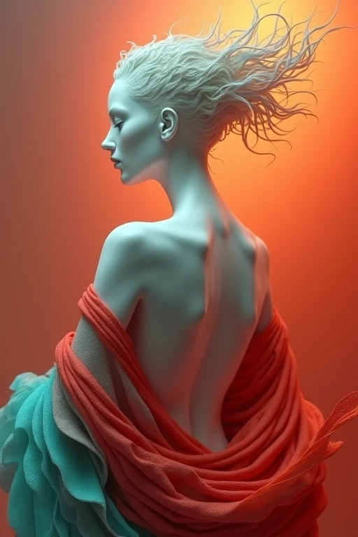Statue of a woman bathed in neon paint