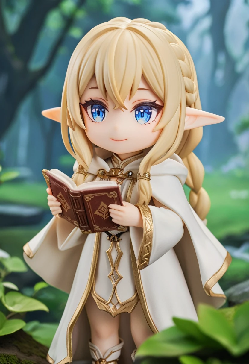 ((best quality)), ((ultra-detailed)), fantasy, 1girl, chibi, elf, ash blonde hair, long hair, braid, blue eyes, smile, white robe, hooded cloak, book, open book, holding book,
