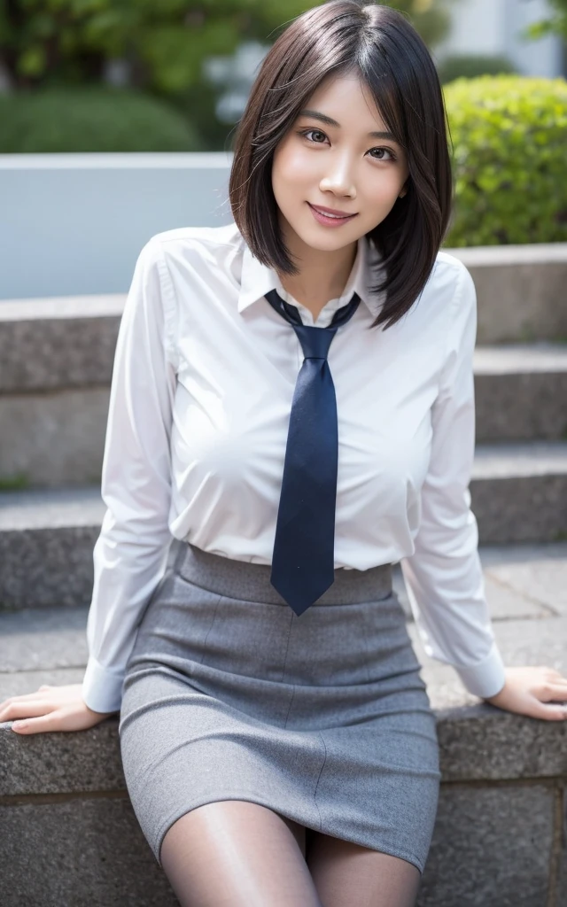 girl, Hyper Realistic, masterpiece, smile, portrait, bobhair, skirt suit, dress shirt, red necktie, blazer, bodycon miniskirt, pencil skirt, tights, pantyhose