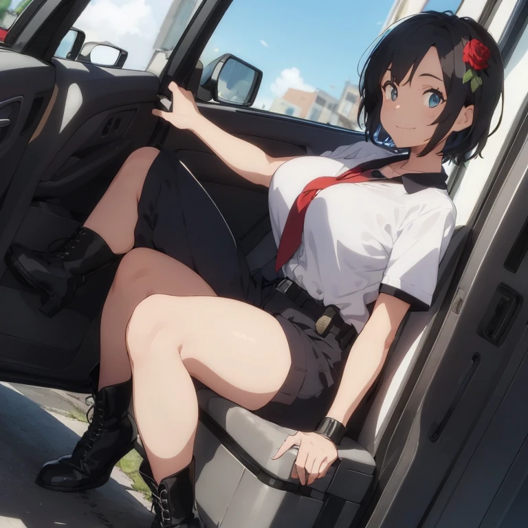 1 female, black hair, short hair, rose flower, police clothes, police short, police hat, black police clothes, black boots, huge breast, thick legs, police office, blue sky, happy face, cuffs, hand cuffs, cop car, sexy pose