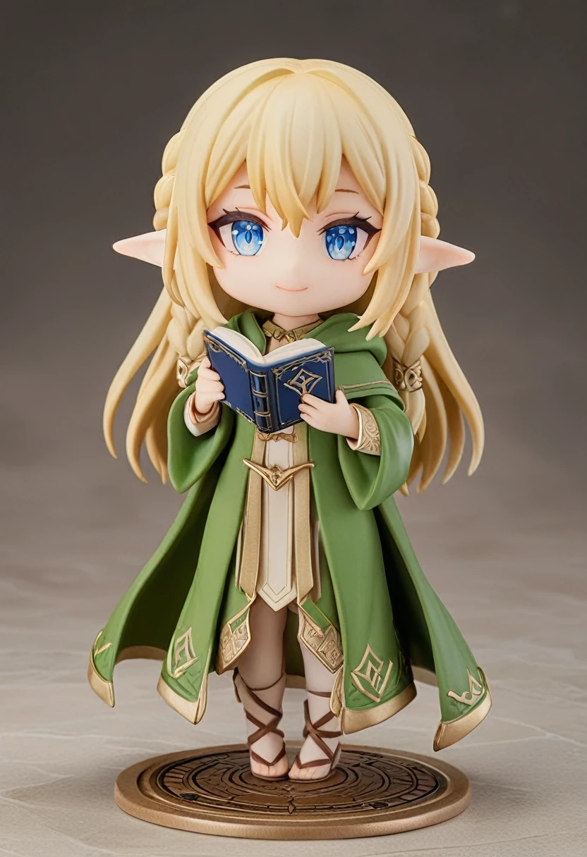 ((best quality)), ((ultra-detailed)), simple background, full body, fantasy, 1girl, chibi, elf, ash blonde hair, long hair, braid, blue eyes, smile, robe, hooded cloak, book, open book, holding book,
