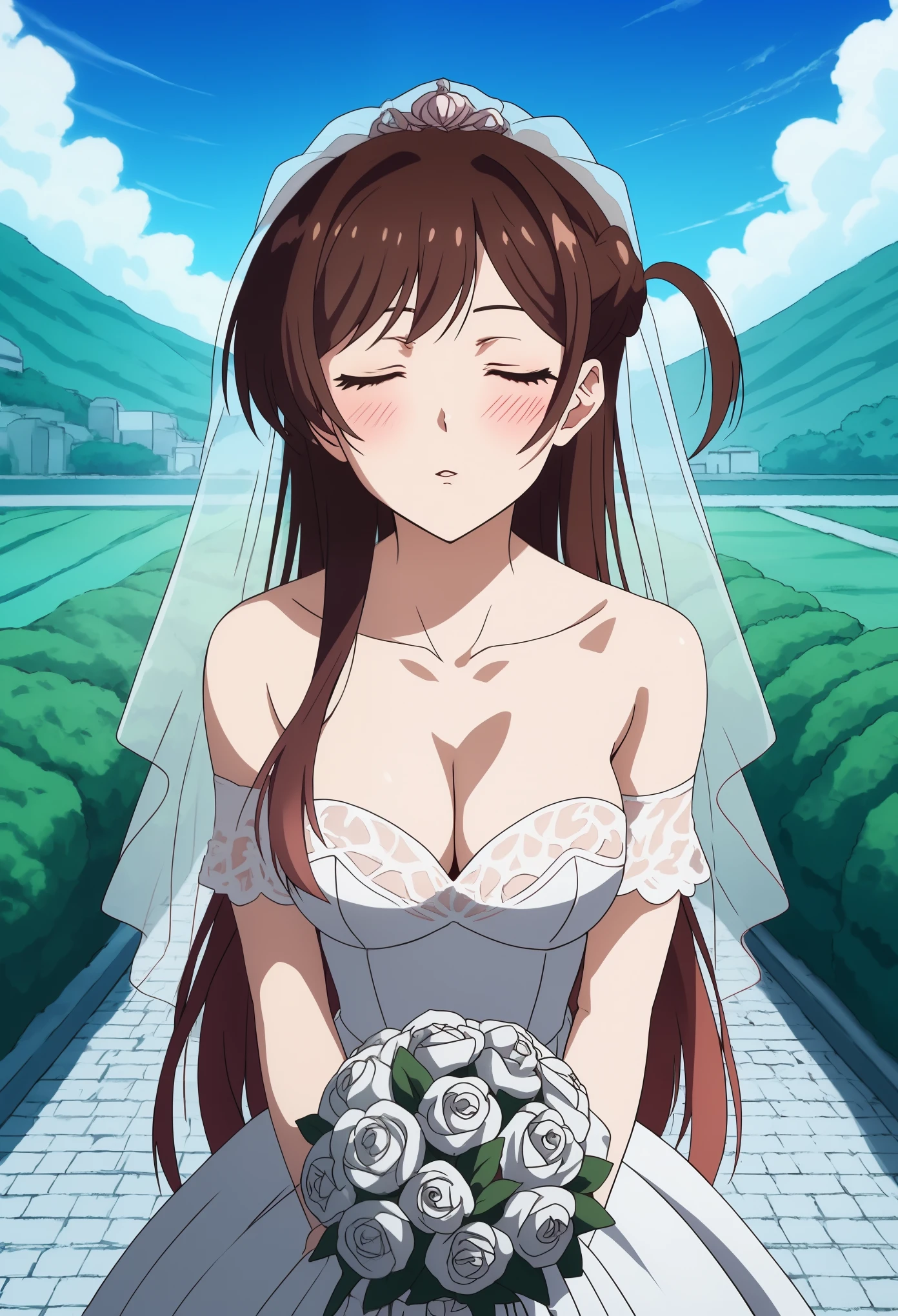 score_9, score_8_up, score_7_up, score_6_up,4k, source_anime, solo, 1girl, chizuru ichinose, long hair, bangs, brown hair, one side up, blushing, looking at viewer, wedding dress, wedding veil, off shoulder, cleavage, outdoor, sky, standing, cowboy shot,medium breasts, incoming kiss, closed eyes, bouquet, collarbone, pov, closer, wedding ceremony background, leans forward