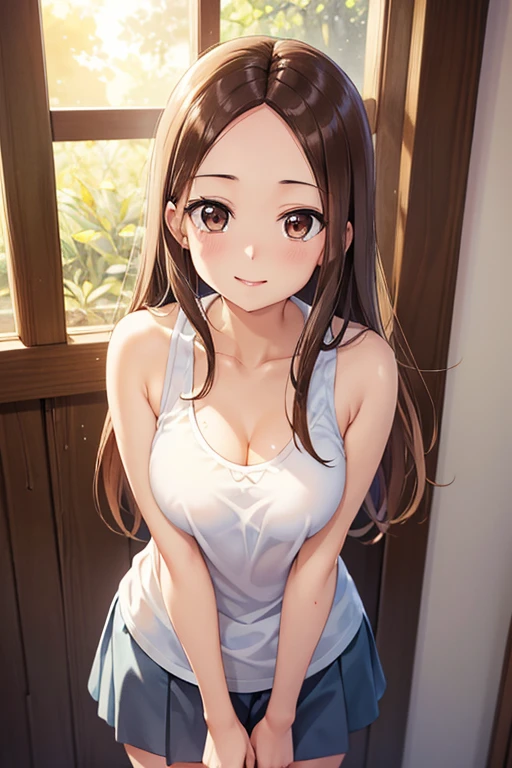 takagi-san、Shiny brown hair, Long Hair,((Medium Breast、amount、Center Part:1.2))、 美しいBrown eyes、smile、Shining Eyes, (fine grain)、Very beautiful eyes、Very detailed顔, Detailed eyes, Cowboy Shot、


masterpiece, 最high quality,  Brown eyes, View your viewers, Alone, 
One girl, Natural Light, masterpiece, Very detailed, illustration, Game CG, Absurd, high quality, 
Beautiful fine details, Glossy lips, Natural Light,  Standing, Leaning forward, V-neck tank top