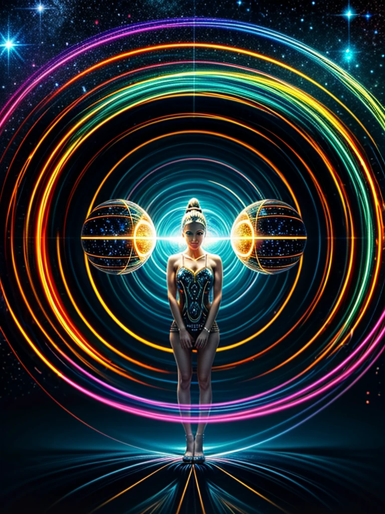 Freyja, the Norse goddess, standing at the center of an intricate symmetrical cosmic scene. Surrounding her is a tunnel-like vortex composed of concentric circles and glowing rings in vibrant neon colors like pink, blue, and gold. Each ring is adorned with circuit-like patterns and small, floating spheres emitting light. Radiant golden orbs and tiny stars float against a deep, starry background of black and dark blue, creating a sense of depth and mystique. Waves of translucent, colorful energy flow towards the vortex, with light reflections highlighting metallic touches, adding dimension. The overall style is futuristic and surreal, blending elements of sci-fi and fantasy.