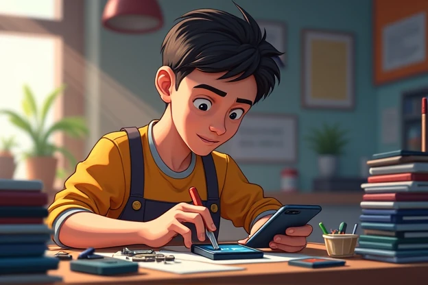 ((best quality)), ((masterpiece)), (detailed), perfect face  boys doodle wear black pajama and yellow tshirts and p caps working in mobile phone workshop look like very busy in work