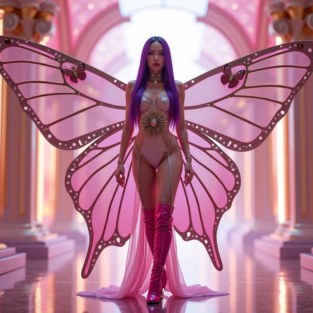 Korean purple hair butterfly woman with headphones and golden brown butterfly outfit with pink glittery wings. Elegant luxurious red carpet of the Digital Talent Awards in gold with black decoration and details.
