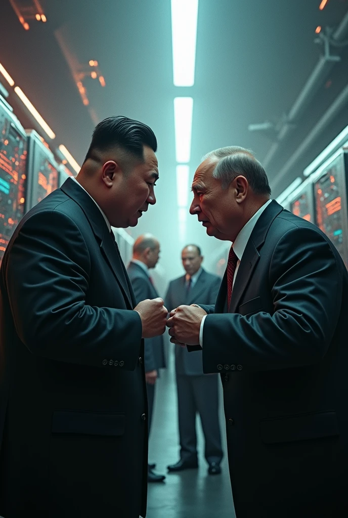Politicians Kim Jong Un and Putin, standing side by side, in a high-tech lab, before an imposing supercomputer, clad in formal attire, with Kim Jong Un donning a dark Mao suit and Putin in a tailored suit, both with stern expressions on their faces. The lab is dimly lit, with blue and green hues emanating from the glowing screens of the supercomputer. The background is blurred, with only the supercomputer and the two leaders in sharp focus, creating a dramatic and Engaging pose. The image is photorealistic, with high-resolution detail, shot on a Canon EOS R5 with a 50
