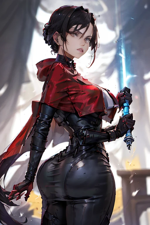 The character in the image appears to be a female figure with a striking and somewhat intimidating presence. She has a slender build and is wearing a dark, form-fitting outfit that seems to be made of a shiny, possibly leather-like material. The outfit includes a high collar and a cape that drapes over one shoulder, adding to her formidable appearance. Her attire is complemented by a red and black color scheme, with the red accents possibly indicating a connection to a specific group or faction within the context of the image. She is holding a lightsaber with a red light at the end, which could be a weapon or a tool, and it adds a mystical or futuristic element to her character. The character's face is serious and focused, with a strong jawline and sharp features that contribute to her stern expression. Her hair is styled in a way that it falls over her shoulders, and she has a hood that is partially pulled back, revealing her face. The background suggests a forest or wooded area, which contrasts with her dark attire and adds a sense of mystery to the scene. The lighting is moody and atmospheric, with a mix of red and blue tones that highlight her and the environment. Overall, the character's appearance is designed to convey a sense of power and authority, with a touch of elegance and mystery. With her voluminous and firm breasts measuring 95 cm in diameter, her tight clothes do justice to her impressive figure, her perfect curves covering her legs and butt.  huge breasts(105.55), b1mb0, Nightgown, 